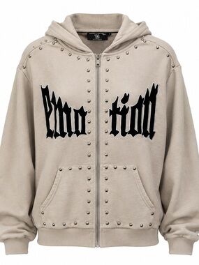 Mixed Emotion Studded Taupe Zip-Up Hoodie Sweater